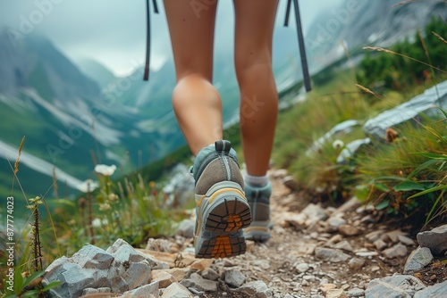 Hiking in the mountains. Female legs with sports shoes and backpack running on a trail mountain