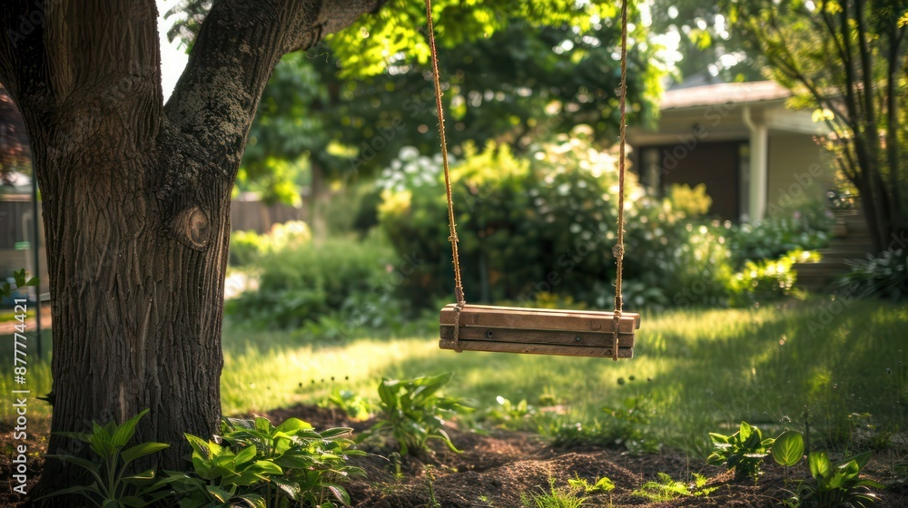 handcrafted wooden swing hanging from a sturdy oak tree in a suburban garden
