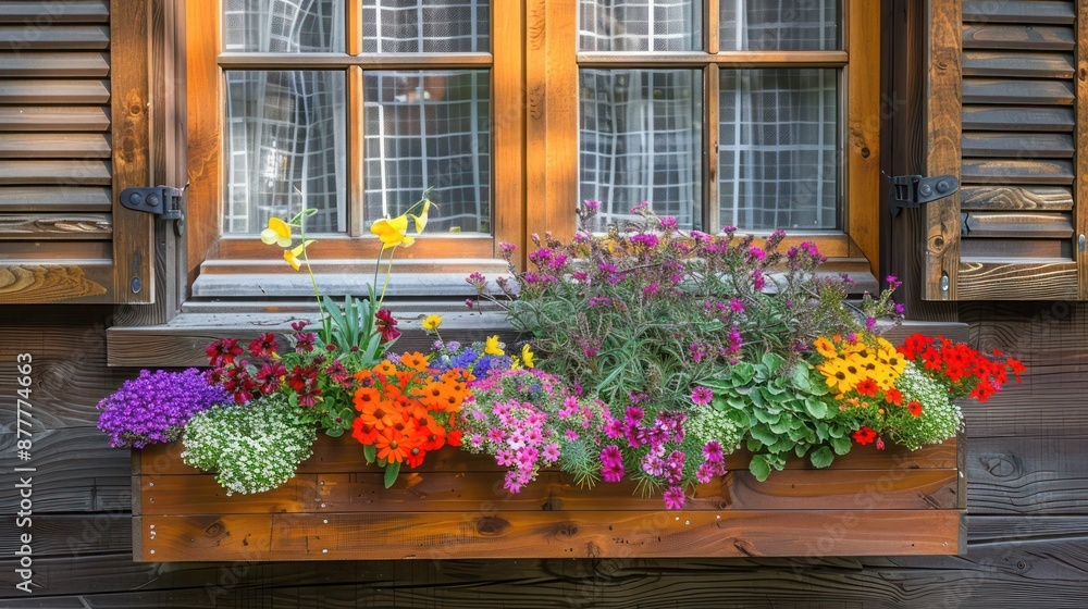 handcrafted wooden window box, filled with colorful annuals, below a craftsman-style window with shutters handcrafted wooden window box, filled with colorful annuals, below a craftsman-style window with shutters