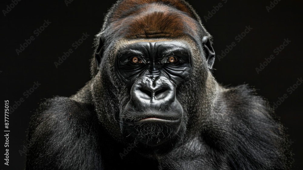 Majestic gorilla portrait in dramatic lighting on a dark background showing strength and beauty with intense gaze Majestic gorilla portrait in dramatic lighting on a dark background showing strength and beauty with intense gaze