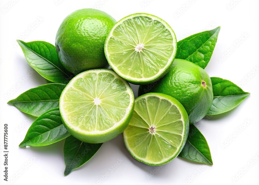 Freshly cut bright green lime halves surrounded by four individual leaves, all perfectly arranged on a clean and crisp white background. Freshly cut bright green lime halves surrounded by four individual leaves, all perfectly arranged on a clean and crisp white background.