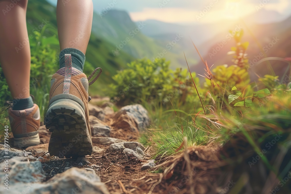 Hiking in the mountains. Female legs with sports shoes and backpack running on a trail mountain Hiking in the mountains. Female legs with sports shoes and backpack running on a trail mountain