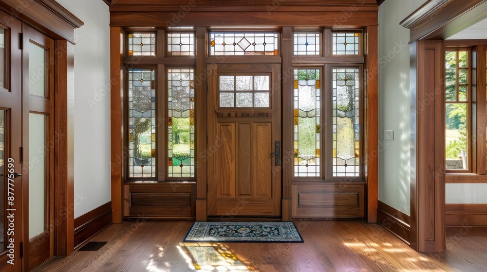 suburban craftsman entryway with a bespoke wooden door featuring stained glass and side-lights suburban craftsman entryway with a bespoke wooden door featuring stained glass and side-lights