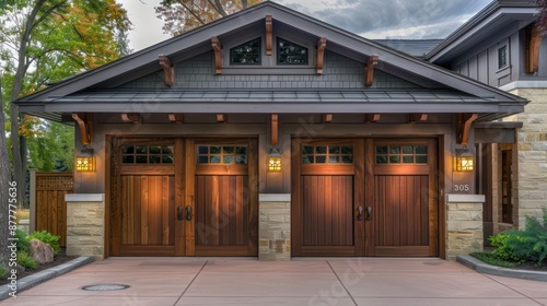 suburban Craftsman-style garage with handcrafted wooden doors and detailed trim work © Ramzan