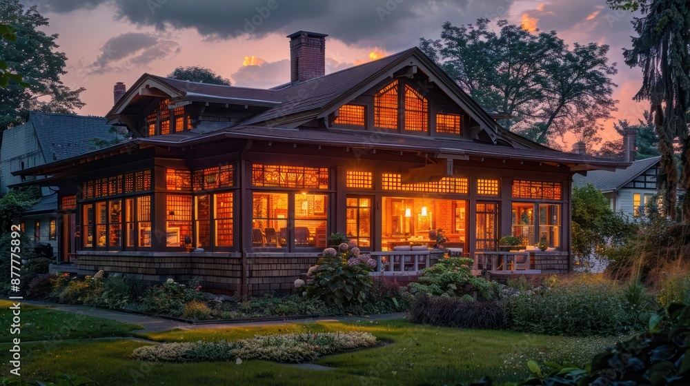 suburban craftsman home at dusk, with warm light spilling from handmade stained glass windows suburban craftsman home at dusk, with warm light spilling from handmade stained glass windows