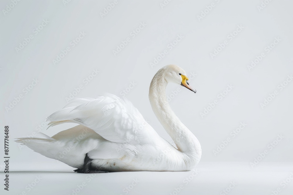 the beside view of a Bewick's Swan, left side view, white copy space on right, dutch angle view, isolated on white background