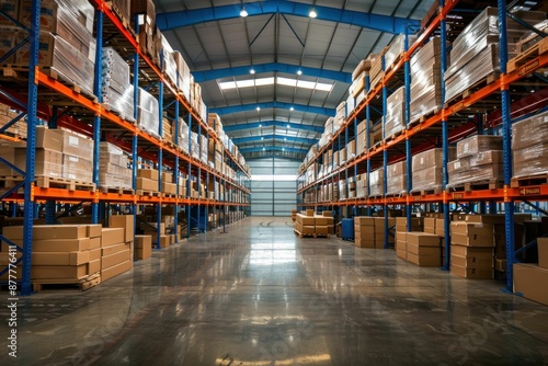 Warehouse interior with pallets and boxes in middle of room for distribution and logistics concept