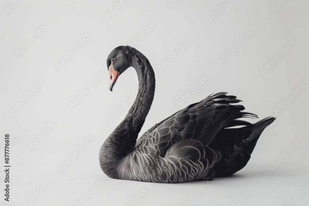 Fototapeta premium the beside view of a Black Swan, left side view, white copy space on right, dutch angle view, isolated on white background