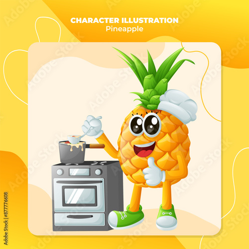 Cute pineapple character cooking on a stove