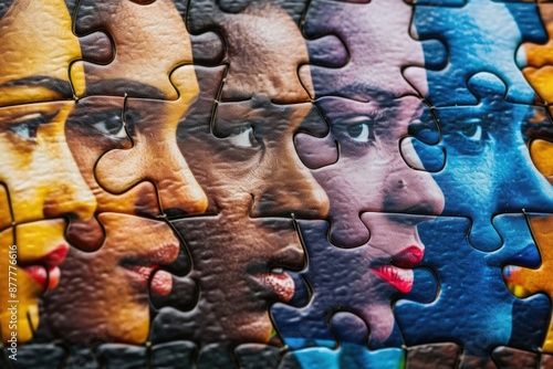 a puzzle piece with a woman's face, Jigsaw puzzle pieces with diverse faces coming together photo