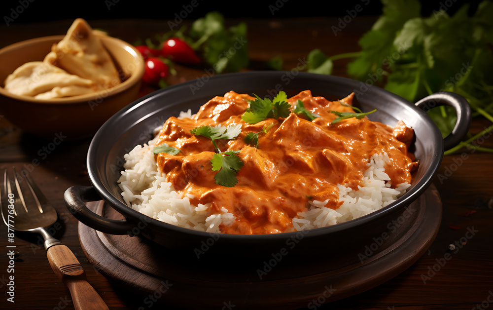Chicken tikka masala in a creamy curry sauce served with rice Chicken tikka masala in a creamy curry sauce served with rice