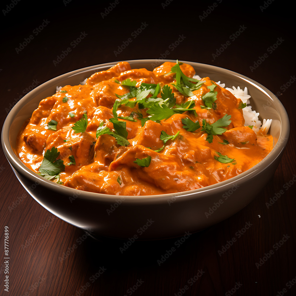 Chicken tikka masala in a creamy curry sauce served with rice Chicken tikka masala in a creamy curry sauce served with rice