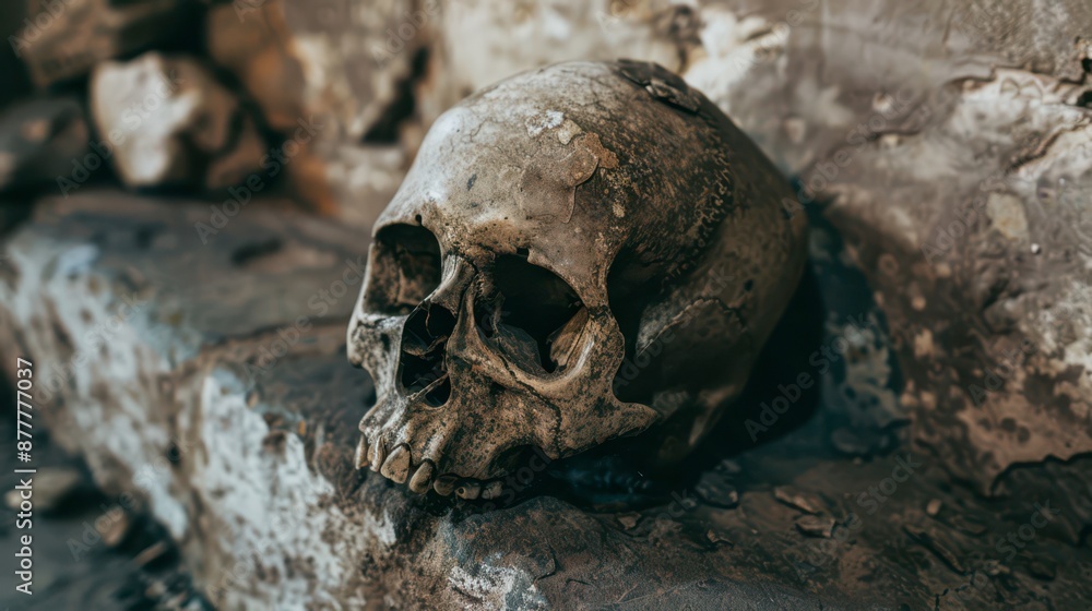 Close-Up of a Human Skull Resting on a Stone Wall Close-Up of a Human Skull Resting on a Stone Wall