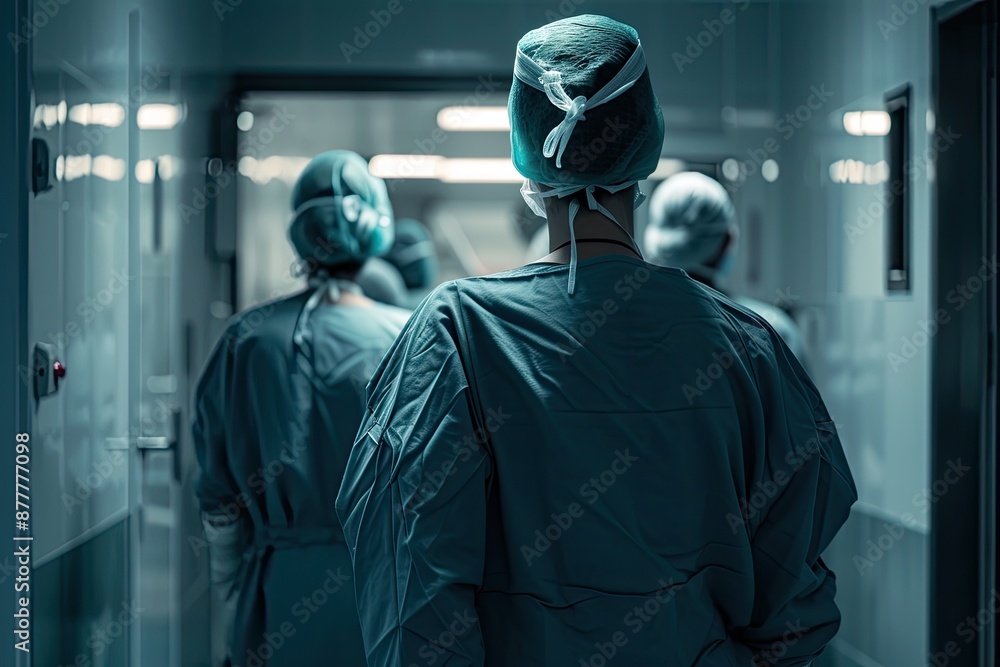 a group of doctors walking down a hallway, Surgeon in scrubs, confidently entering the operating room with their team a group of doctors walking down a hallway, Surgeon in scrubs, confidently entering the operating room with their team