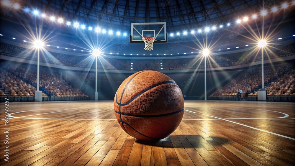 Basketball game sport arena stadium court on spotlight with basket ball on floor Basketball game sport arena stadium court on spotlight with basket ball on floor