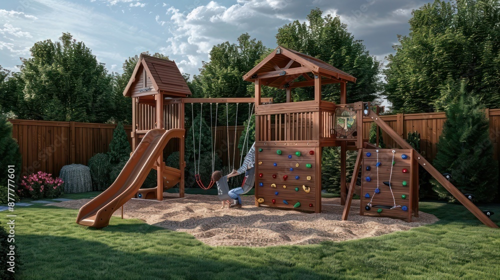 wooden craftsman style playset in a backyard, complete with a slide, swings, and a climbing wall wooden craftsman style playset in a backyard, complete with a slide, swings, and a climbing wall
