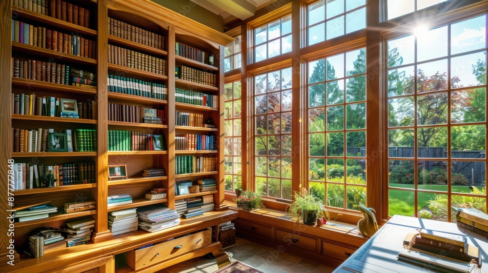 Craftsman home office with a built-in wooden bookshelf and a desk, overlooking a garden through large windows Craftsman home office with a built-in wooden bookshelf and a desk, overlooking a garden through large windows