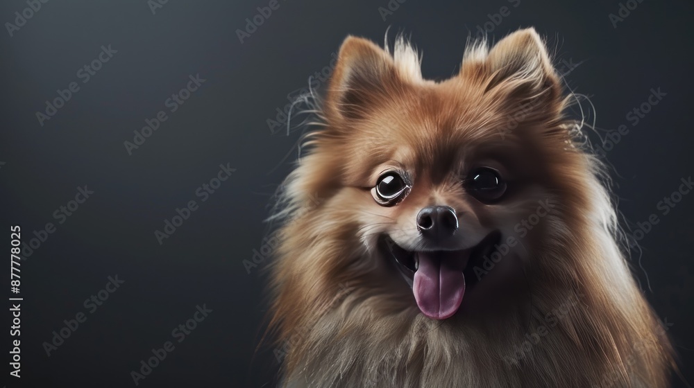 A Friendly Pomeranian Smiles Against a Dark Background A Friendly Pomeranian Smiles Against a Dark Background