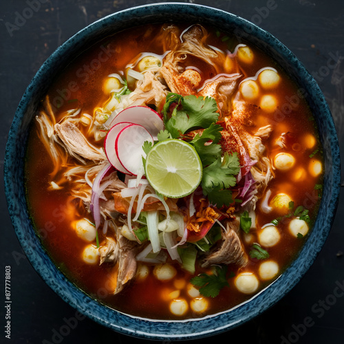 Pozole rojo, sopa mexicana de maíz, comida tradicional en México hecha con granos de maíz y carne de puerco. photo