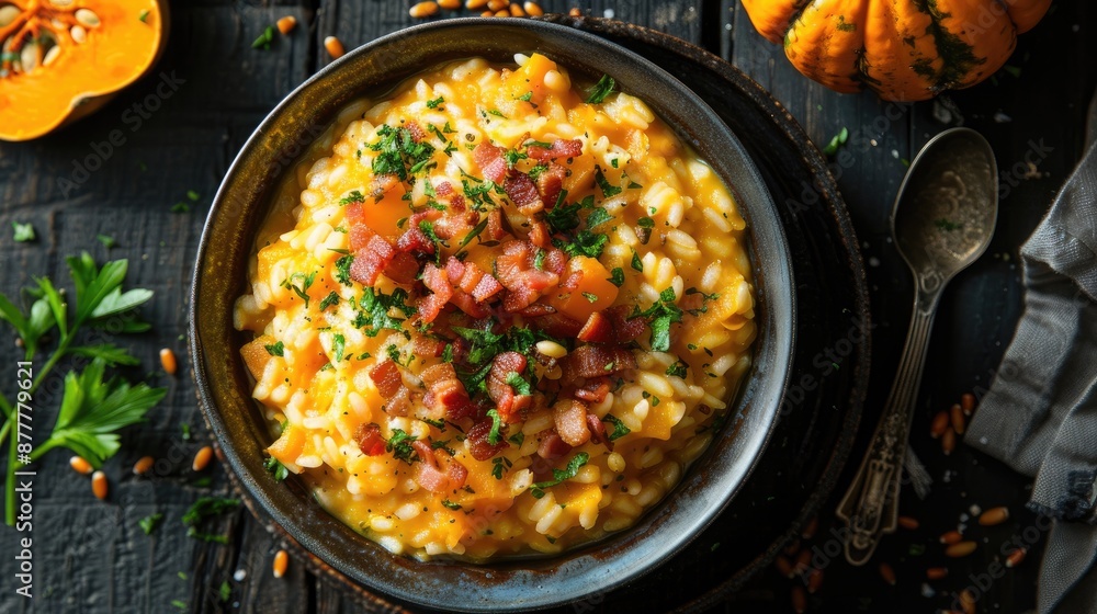 Overhead view of pumpkin and bacon risotto on dark wooden surface Overhead view of pumpkin and bacon risotto on dark wooden surface