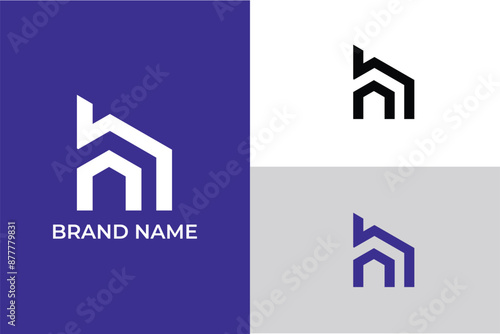 letter HN  window and chimney on the roof on black background, home or house with chimney Creative Building logo for construction company
