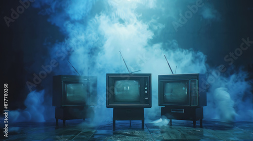 Wallpaper Mural Vintage TV Sets in Eerie Blue Mist, Hyper-Realistic Cinematic Scene Torontodigital.ca