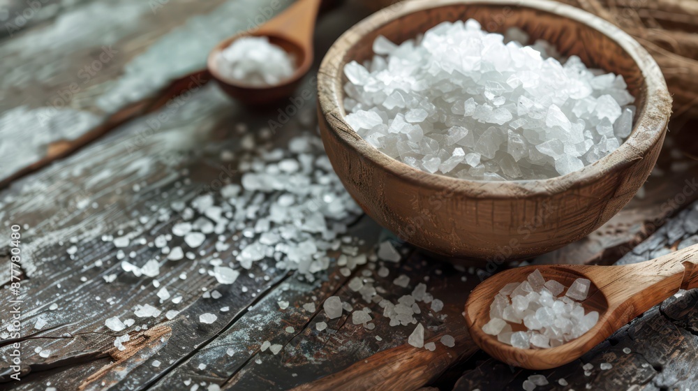 Coarse Sea Salt in Wooden Bowl and Spoons on Rustic Wooden Surface Coarse Sea Salt in Wooden Bowl and Spoons on Rustic Wooden Surface