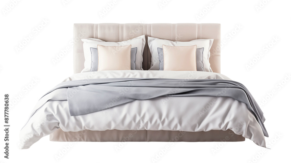 Modern furniture of a bed with blanket and pillows, isolated on transparent background Modern furniture of a bed with blanket and pillows, isolated on transparent background