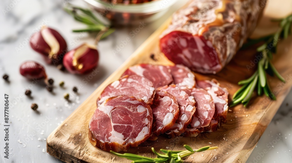 Sliced Salami on a Wooden Cutting Board With Rosemary and Peppercorns Sliced Salami on a Wooden Cutting Board With Rosemary and Peppercorns