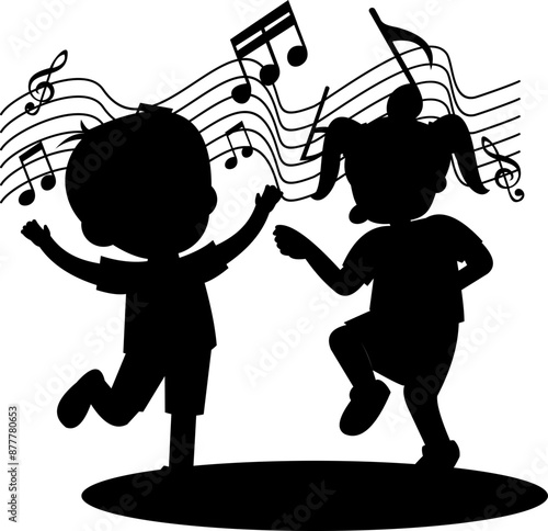 Children Singing Wit Music Notes Silhouette