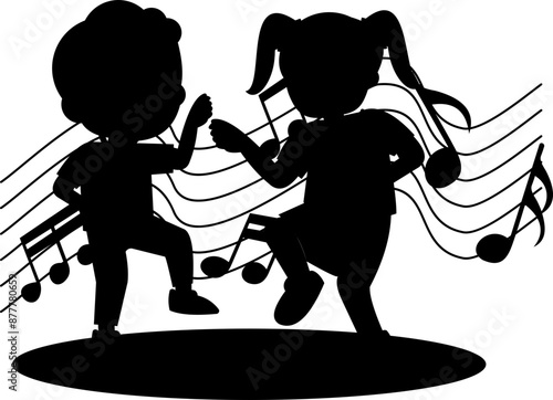 Children Singing Wit Music Notes Silhouette