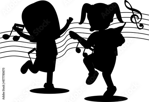 Children Singing Wit Music Notes Silhouette