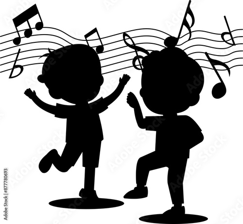 Children Singing Wit Music Notes Silhouette