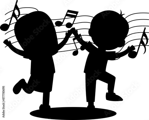 Children Singing Wit Music Notes Silhouette