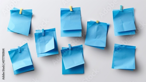 Experience a group of blue sticky post-it notes arranged dynamically on a transparent background, blending functionality with aesthetics. The translucency of the PNG file adds a modern touch to these 