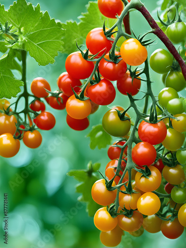 Fresh and delicious looking cherry tomatoes hanging from a tree