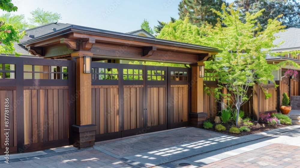 Craftsman-style wooden fence with custom gates and integrated lighting, providing security and style Craftsman-style wooden fence with custom gates and integrated lighting, providing security and style