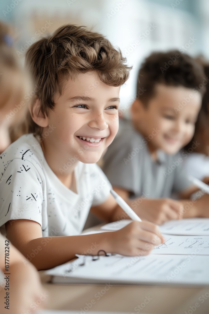Smiling young boy engaged in a classroom activity, writing in a notebook with other students in the background. Smiling young boy engaged in a classroom activity, writing in a notebook with other students in the background.