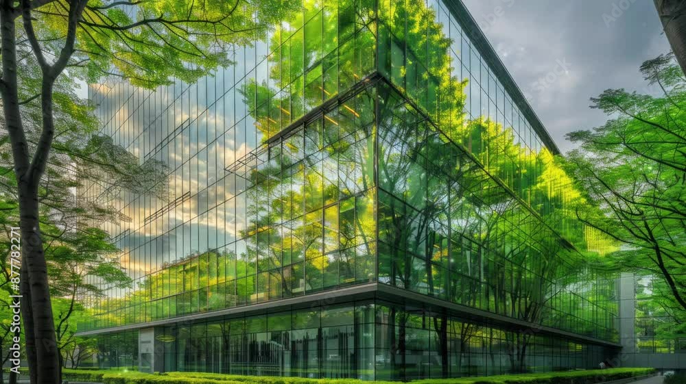Exemplifying the ESG - Environmental, Social, Governance concept, a corporate glass building facade reflects green trees. Importance of integrating sustainability into business practice. Exemplifying the ESG - Environmental, Social, Governance concept, a corporate glass building facade reflects green trees. Importance of integrating sustainability into business practice.