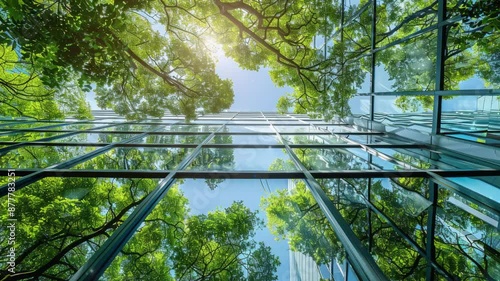 Exemplifying the ESG - Environmental, Social, Governance concept, a corporate glass building facade reflects green trees. Importance of integrating sustainability into business practice.