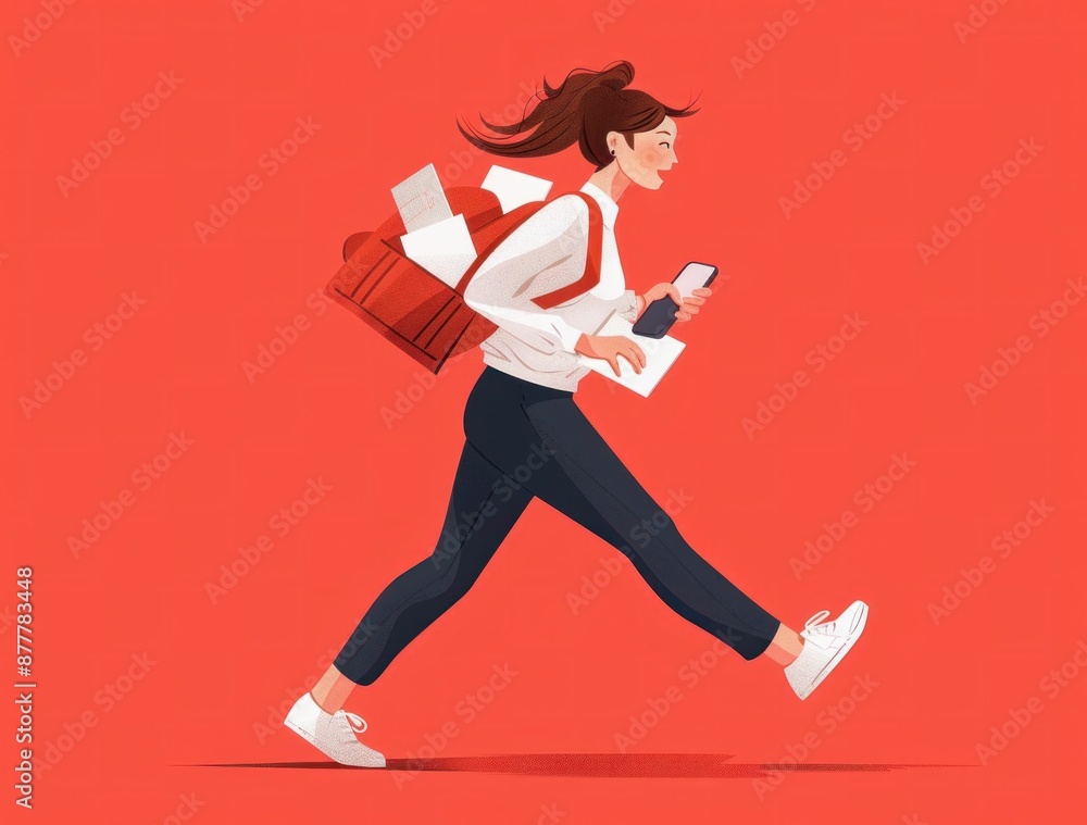 Girl with backpack and phone going to school in fashionable outfit for a business trip to art class Girl with backpack and phone going to school in fashionable outfit for a business trip to art class