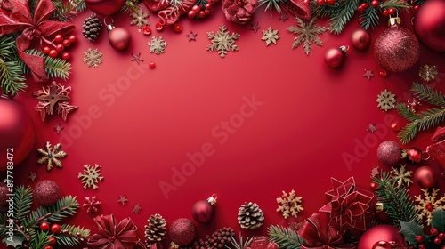 Holiday background with festive decorations for greeting card on red backdrop