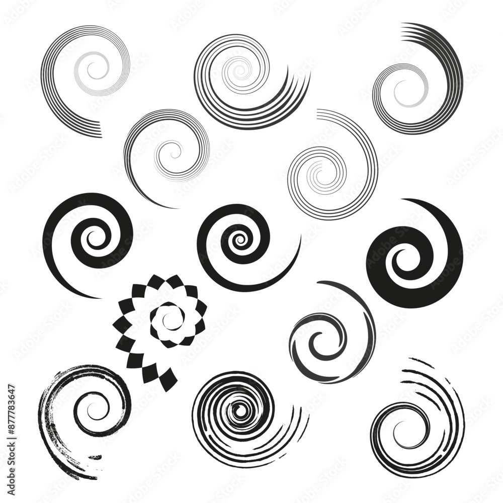 Vector set of spiral elements. Various styles in black. Decorative swirl designs. Artistic abstract shapes.