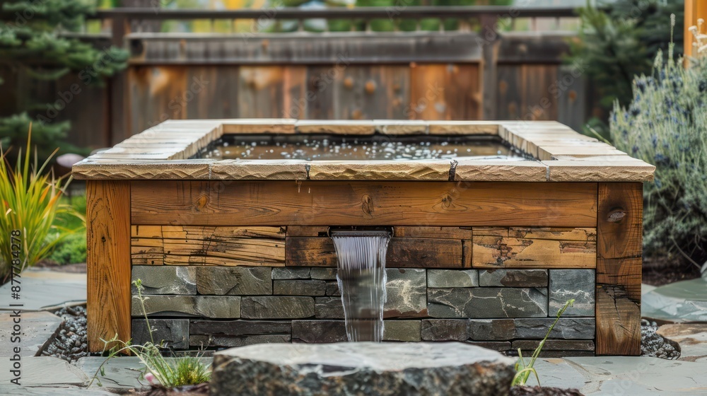 hand-laid stone and wooden Craftsman-style fountain, creating a peaceful water feature for a garden or courtyard hand-laid stone and wooden Craftsman-style fountain, creating a peaceful water feature for a garden or courtyard