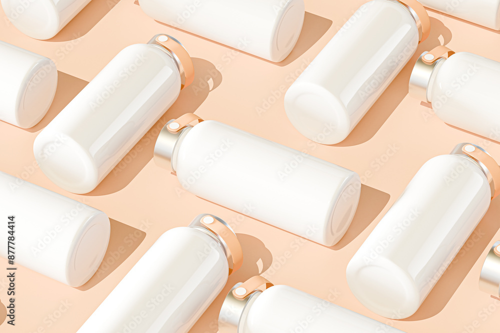 White water bottle mockup set neatly arranged, realistic metal aluminium beverage container with orange background, stainless steel camping equipment, isolated 3D rendering White water bottle mockup set neatly arranged, realistic metal aluminium beverage container with orange background, stainless steel camping equipment, isolated 3D rendering