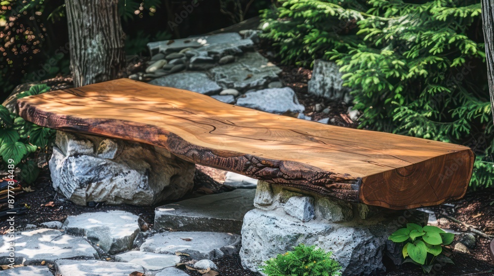 hand-laid wooden and stone bench in a Craftsman garden, designed to provide seating and enhance the natural surroundings hand-laid wooden and stone bench in a Craftsman garden, designed to provide seating and enhance the natural surroundings