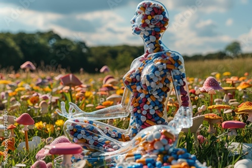 Innovative Art Installation Statue of Pills in Colorful Field Symbolizing Medical Industry and Healing Powers