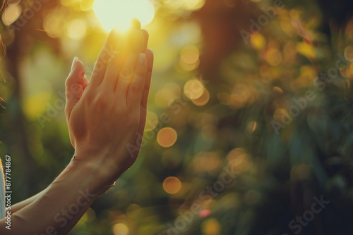 Serene Nature Scene with Praying Hands for Spiritual and Meditative Connection in the Outdoors