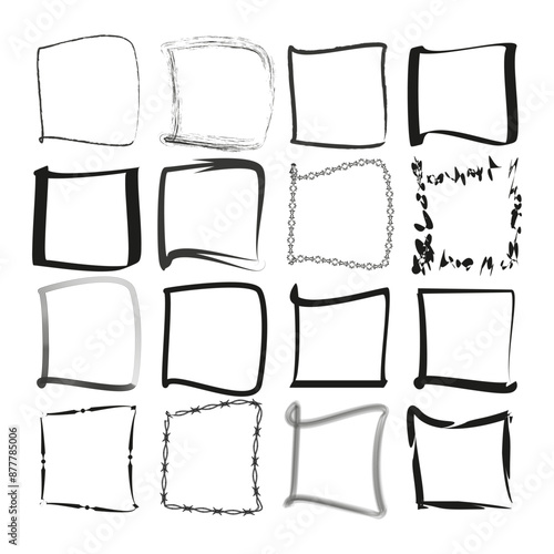 Square frame set. Hand drawn black lines. Irregular geometric shapes. Vector illustration.