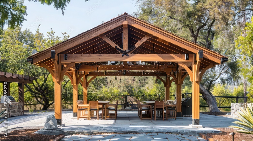 hand-laid wooden Craftsman-style pavilion with open sides, providing a shaded venue for outdoor events and gatherings hand-laid wooden Craftsman-style pavilion with open sides, providing a shaded venue for outdoor events and gatherings
